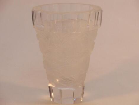 An Art Deco style heavy glass conical vase with an acid etched band of