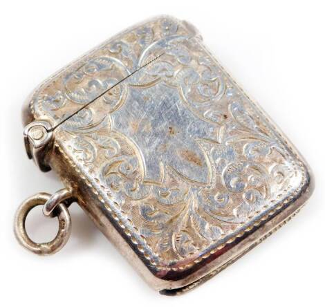 An Edwardian silver vesta case, with ring clip and match strike base, partially engraved with silver-gilt interior, Chester 1906, 4cm H.