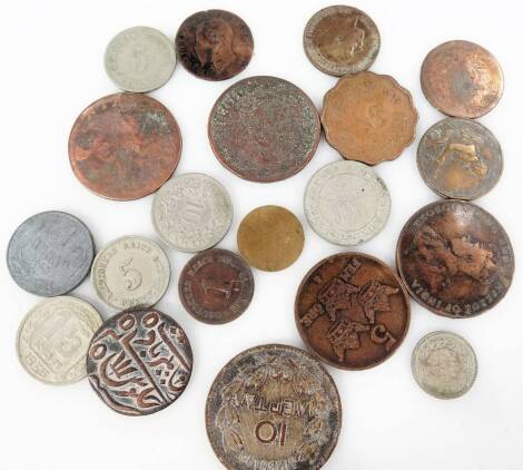 Various world coins, etc., to include Mauritius 5 cents 1924, silver coloured coins Aefta Arabic coins, etc. (a quantity)