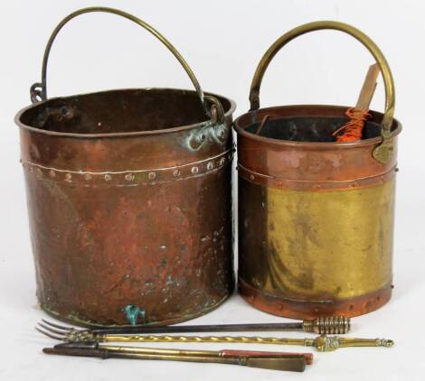 An early 20thC rivetted copper bucket, of cylindrical form with swing brass handle the main body 32cm H, 41cm Dia., a further bucket similar, poker etc. (a quantity) From the estate of R J ‘Bob’ Curry (Dec’d) of Grantham.