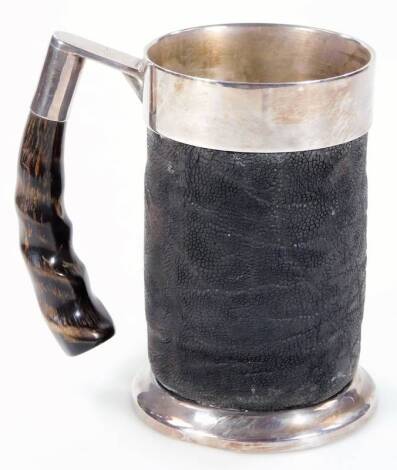 A tankard, of cylindrical form, with metal mounts, horn handle and textured body, marked SPC, 15cm H.