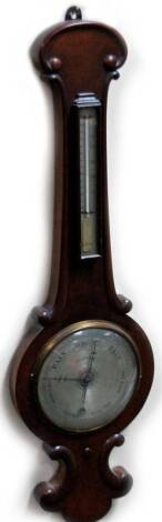 A 19thC mahogany banjo barometer, and thermometer, the 20cm Dia., marked Fillinger and Co, in a shaped case with scroll top surmounted by a thermometer, 94cm H.