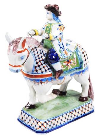 A Dutch tin glazed earthenware equestrian figure, polychrome decorated, marked, Roos, 27cm H.