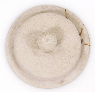 A Chinese biscuit pottery water vessel, with removable lid, circular body, part pierced handle and plain spout raised with panels to one side, seal mark beneath, 8cm H. - 8