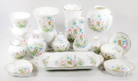 Various Aynsley Wild Tudor pattern ornaments, to include vase, 22cm H, sandwich plate, other vases, pin dishes, heart shaped dish, etc., printed marks beneath. (a quantity)