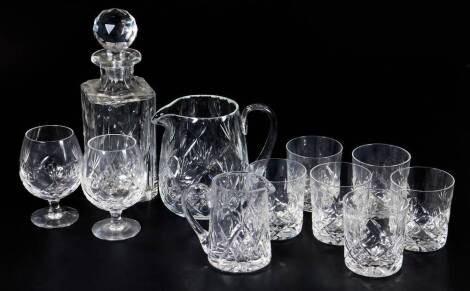 Various 20thC crystal glassware, to include decanter with shaped stopper, 28cm H, water jug, Brierley whiskey tumblers, brandy ballons, etc. (a quantity)