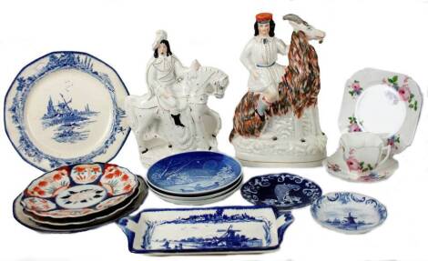 Various pottery, a Staffordshire figure of a gentleman on a goat, 33cm H, Shelley 52099 pattern trio, blue and white Delft, etc. (a quantity)
