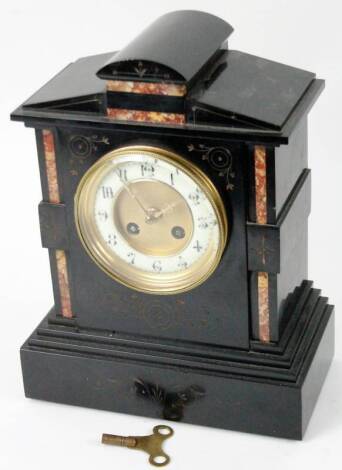 A Victorian slate and marble mantel clock, with 13cm Dia. dial, revealing an eight day keywind pendulum swung movement, in an architectural case, with marble sections on a stepped base, 32cm H.