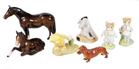 Various Beatrix Potter and other figures, Royal Doulton Winnie the Pooh Collection, Pooh and Piglet - The Windy Day, printed marks beneath, 8cm H, Tom Kitten brown four line mark, Beswick horse, etc. (a quantity)