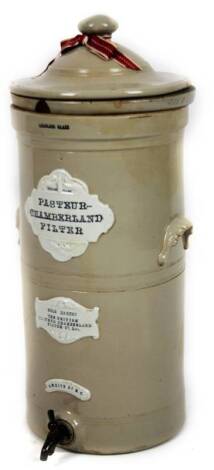 A 19thC Pasture Chamberland water filter, with moulded shell handles, domed lid and front metal articulated tap, 72cm H.