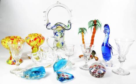 Various Nailsea style glassware, palm tree glass figure in green and brown, 21cm H, bird ornaments, a pair of yellow, red and blue vases, etc. (a quantity)