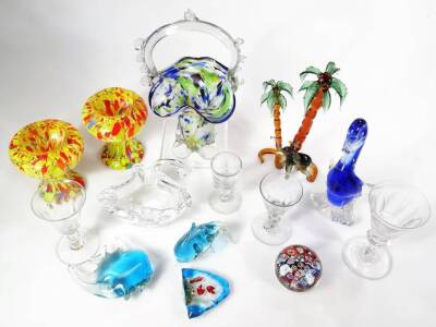 Various Nailsea style glassware, palm tree glass figure in green and brown, 21cm H, bird ornaments, a pair of yellow, red and blue vases, etc. (a quantity) - 3