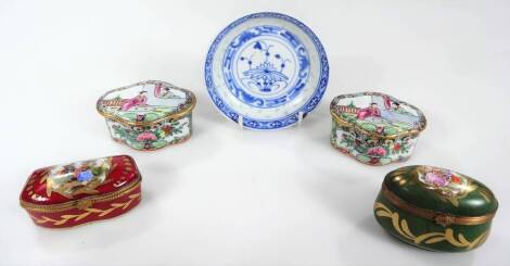 A Sevres style enamel pill box, after Watteau with a gilt highlighted decoration, with figures of horse and a couple to the centre, 7cm W, and another with blue double mark beneath, two 20thC famille rose lidded caskets, and a Chinese blue and white dish.