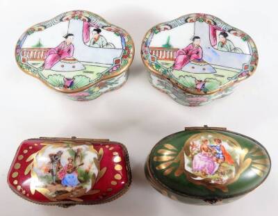 A Sevres style enamel pill box, after Watteau with a gilt highlighted decoration, with figures of horse and a couple to the centre, 7cm W, and another with blue double mark beneath, two 20thC famille rose lidded caskets, and a Chinese blue and white dish. - 2