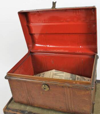 An early 20thC tin trunk, the domed top partially studded, with a plain interior, 37cm H, 55cm W, 37cm D and a travel case with stitched leather border, leather carrying handles and a pressed body initialled A A L. (2) - 4