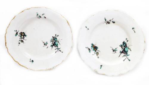 A pair of 18thC Derby small petal moulded side plates, c.1775, decorated with green floral sprays and gilt centres, crown over D mark, 17cm Dia. (2)