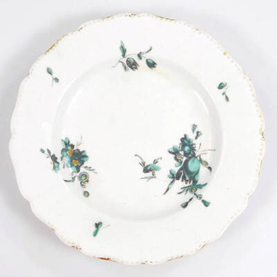A pair of 18thC Derby small petal moulded side plates, c.1775, decorated with green floral sprays and gilt centres, crown over D mark, 17cm Dia. (2) - 2
