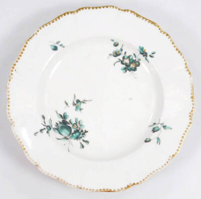 A pair of 18thC Derby small petal moulded side plates, c.1775, decorated with green floral sprays and gilt centres, crown over D mark, 17cm Dia. (2) - 5