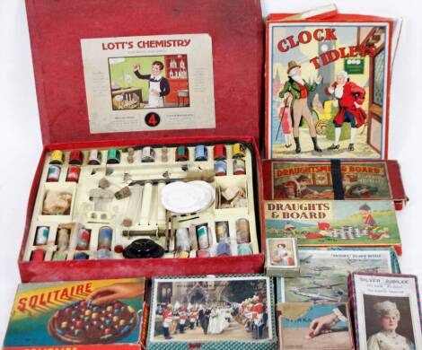 Various bygones games card games solitaire, early 20thC Draughts, Glevum Series Block Tidley Winks (boxed), 33cm W, a child’s Lott Brick Limited No. 4 Chemistry Set, fully fitted with contents, etc. (a quantity)