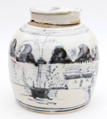 A Chinese porcelain Ming style ginger jar and cover, of circular form, heavily decorated with figure and trees before water and mountains, with an upper geometric banding, with (removable) compressed circular lid, 18cm H.