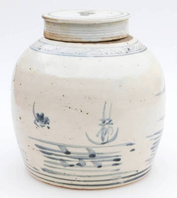 A Chinese porcelain Ming style ginger jar and cover, of circular form, heavily decorated with figure and trees before water and mountains, with an upper geometric banding, with (removable) compressed circular lid, 18cm H. - 3