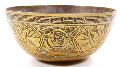 A Chinese bronze bowl, the circular body raised with a double Greek key style banding and panels of figures, with circular six character raised mark beneath, probably late Qing period, 25cm Dia. - 6