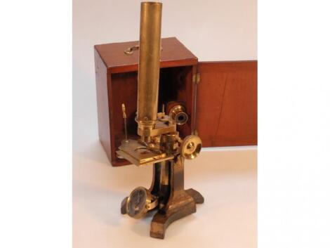 A Victorian mahogany cased gilt brass microscope