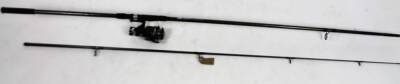 A 12ft two piece carp rod with reel, the rod marked NGT.