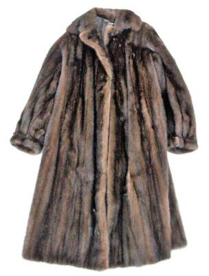 A ladies fur coat, full length, with lined interior, size unknown.