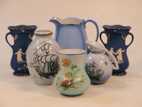 Falcon ware vases mainly in blue