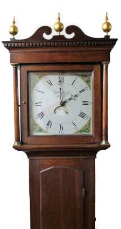 A principally 19thC oak longcase clock, with swan neck pillared hood, full length trunk door, plain base on plinth, the painted dial marked for the maker Thomas Marshall Lincoln, thirty hour movement, 214cm H.