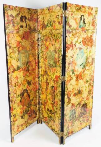 A late Victorian style scrapwork decoupage three fold screen, with ebonised back and articulated hinged sections, on stiles, 116cm H.