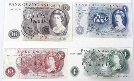 Various bank notes, Page, Fford, etc.,blue five pound X 69 261674, 14cm W, etc. (4, framed)