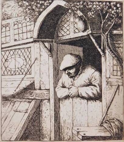 Attributed to Adrian Van Ostade. Peasant leaning in his doorway, etching, 11cm x 10cm.