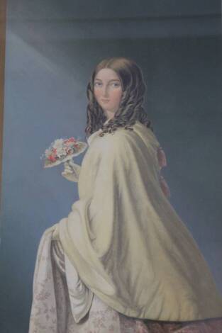 After George Baxter. Lady seated holding bouquet of flowers, colour print, 37cm x 26cm.