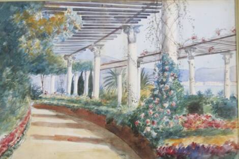 J Pinei. Interior setting, greenhouse with flowering shrubs, watercolour, 33cm x 46cm.