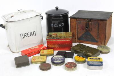 Various advertising rural bygones, etc., a quantity of tins, Libby’s Stewed Steak, pine box with printed label, 25cm H, 33cm W, 26cm D, other tins, enamel bread bin, later bread bin, cylindrical bread bin, etc. (a quantity) From the estate of R J ‘Bob’