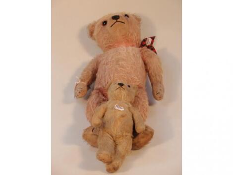 A pink plush teddy bear with brown and black glass eyes