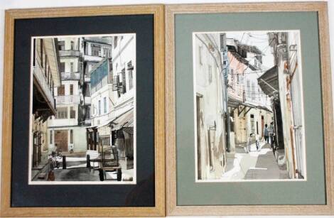 Hubbard. The Old Town Zanzibar, a pair of watercolours, depicting back streets, signed and titled, 36cm x 25cm, in limed oak frames.