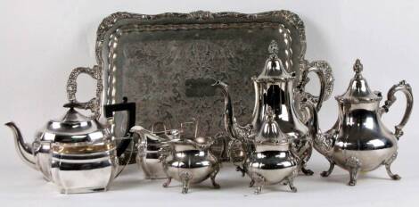 Various silver plate, comprising a matched tea service with tray, 59cm W, coffee pot, teapot, two handled sugar bowl, further teapot, milk jug, sugar bows, two handle sucrier and jug. (a quantity)