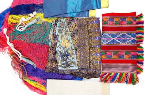 Various silk work, silk ware, an embroidered and material hammock with pierced body, etc, (a quantity)