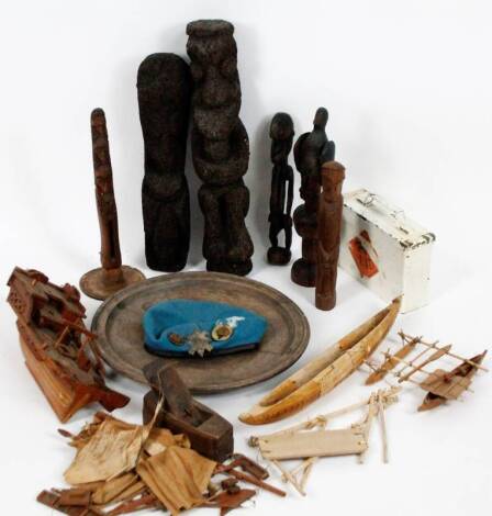 Various African tribal and other figures, to include wooden totem style group, 50cm H, bird figure, other figure groups, various other treen, boats, wooden bowl, ammunition tin, tools, etc. (a quantity)