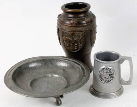 A 20thC Japanese pottery vase, mock bronze of shouldered circular form raised with shields with an upper flowerhead border, 26cm H, a hammered Mayflower pewter dish, a pewter tankard and a Worcester enlarged tea cup and saucer. (a quantity)