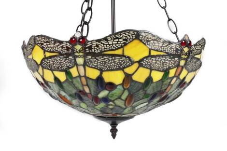 *An as new two sectional light fitting, with chain hangers and Tiffany style shade predominately in yellow, green and blue, 56cm H.