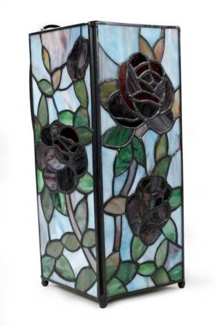 *An as new light fitting, with Tiffany style shade decorated with roses predominately in red, green and blue, 28cm H.