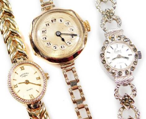 Various cocktail watches, to include a gold cased example with Arabic numerals. (3)