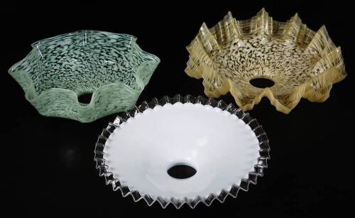 Three various glass shades, to include Nailsea style handkerchief shade in green and white, 26cm W, and two others. (3)
