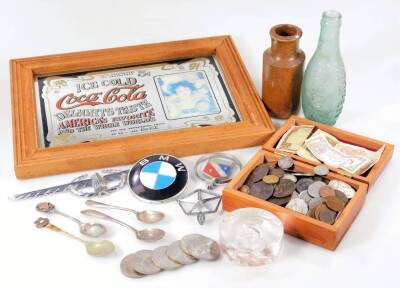 Various bygones, collectables, stoneware jar, 14cm H, glass bottles, small quantity of low denomination coins, chrome plated badge, teaspoon, reproduction Coca-Cola mirror, etc. (a quantity).