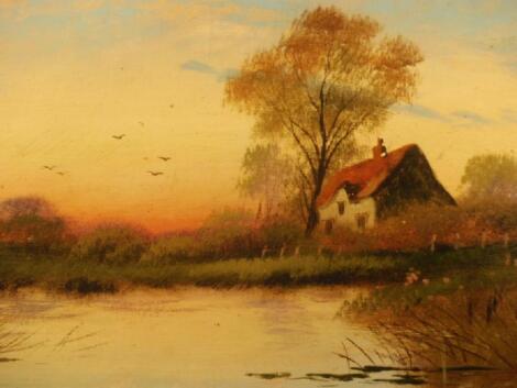 J. Grabes (19th/20thC). Cottage by a tranquil pond at sunset