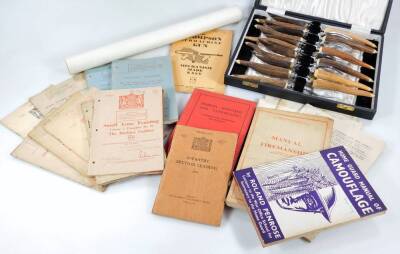 Various military and other related ephemera, to include The Thompson Sub Machine Gun Mechanism Made Easy manual, manual of Firemanship, other related ephemera, Small Arms Training, Elementary Map Reading 1941, War Damage Act ephemera, cased horn handled c